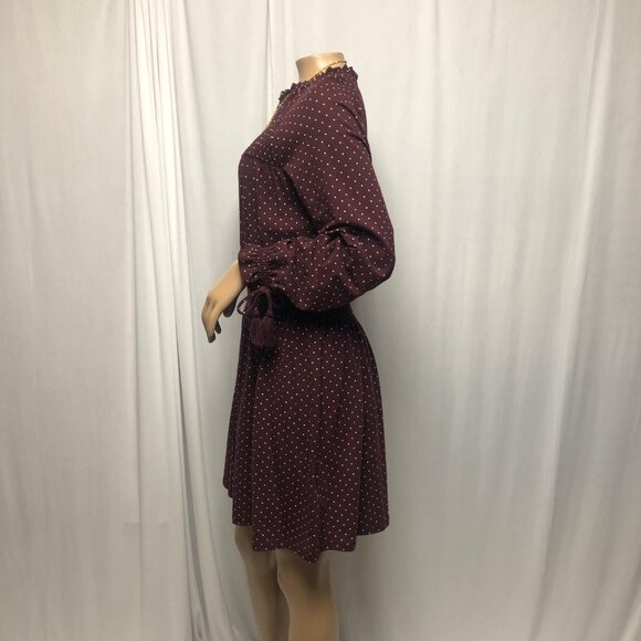 TopShop Peasant Dress Womens Size 10 Maroon White Polka Dots Smocked Long Sleeve - Picture 4 of 10